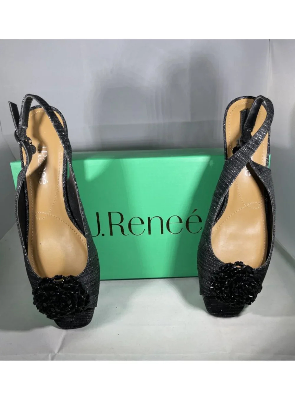 J. Renee NIB Women's Black DONALDA Slingback Wedge Shoe, Size 8.5M